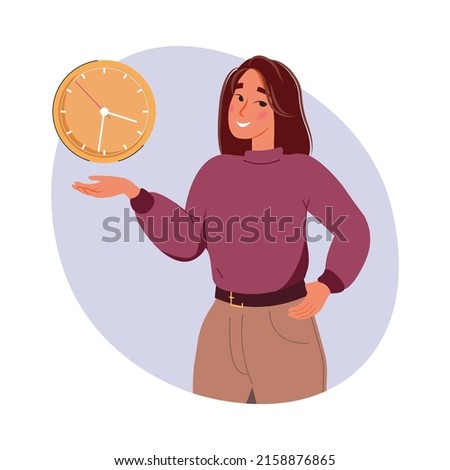 Successful time management and alarm concept. Young smiling woman cartoon character standing showing alarm clock vector illustration. Training activities, planning tasks, schedule checkpoints isolated