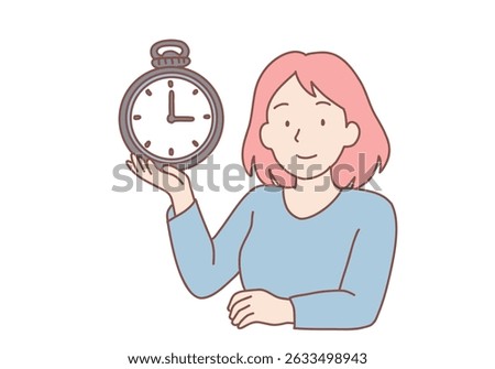 Successful time management and alarm concept. Smiling woman  standing showing alarm clock with eight hours time on it. Hand drawn style vector design illustrations.