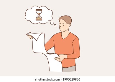 Successful time management in business concept. Young smiling businessman cartoon character looking at done tasks list feeling happy with work or project on time vector illustration