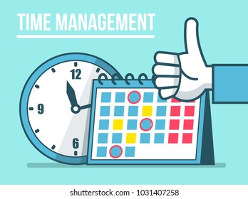 Successful time management concept. Hand shows thumb up gesture with calendar and watches at background. Simple style vector illustration