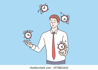 Successful time management concept. Young business man cartoon character successfully juggling managing his time feeling confident vector illustration 