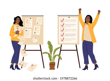 Successful time management. Failed plans or task. Angry and happy women, checklist. Managers lists, office or business girl vector characters