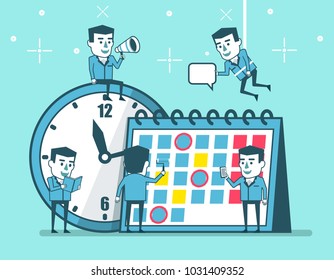 Successful time management, planning concept. Small people work around big calendar and watches. Simple style vector illustration