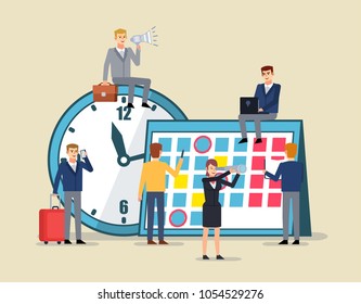 Successful time management, planning concept. Small people work around big calendar and watches. Flat design vector illustration