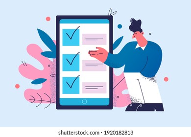 Successful time management and task completion concept. Young positive business man cartoon character standing near smartphone screen interface with completed tasks and duties vector illustration