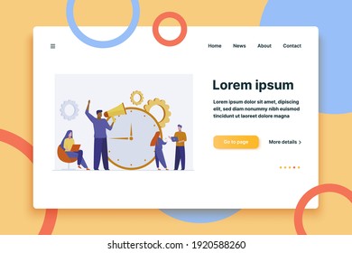 Successful time management. Team working on project near clock, leader shouting at megaphone flat vector illustration. Teamwork, timing, deadline concept for banner, website design or landing web page