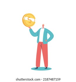 Successful Tiny Business Man Holding Huge Gold Coin, Character with Money Cash. Rich Businessman Making Savings, Donate, Financial Salary Wealth, Increasing Capital. Cartoon Vector Illustration