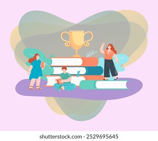 Successful tiny students with huge books and gold cup. Young people studying and reading books flat vector illustration. Education, achievement or success concept for banner or landing web page