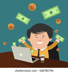 A successful trade on the stock exchange. Cartoon broker in the workplace. Vector illustration in flat style.