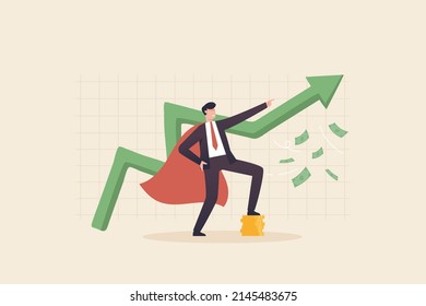 Successful traders make profits by trading investments. stock market success or cryptocurrency. Dreamstime.com
Businessman in black, red cape and arrow graph.