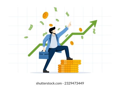 Successful traders make profits by trading investments. stock or cryptocurrency market success. investment success. Businessman pointing up with rising green graph. flat vector illustration.