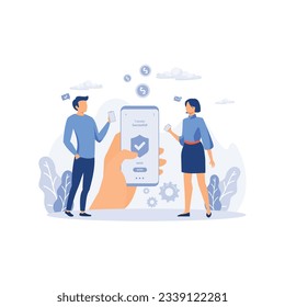 Successful transaction. Girl in smartphone transferred, sent money, coins, cash to electronic account on Internet to man.  flat vector modern illustration