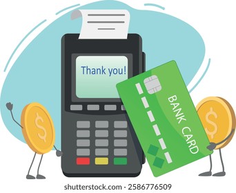 Successful transaction, receipt for payment by bank card. Vector illustration payment terminal, credit card, cash