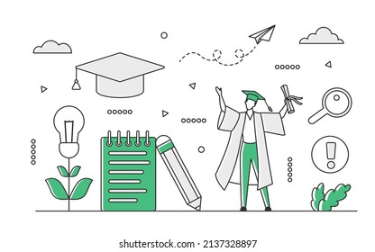 Successful university education graduation. Study completion and degree diploma vector monocolor illustration