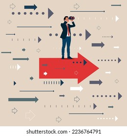 Successful vision. Businessman look through binoculars. New challenge ahead, vision to make decision, plan and perspective. Flat modern vector illustration.