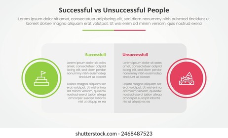 comparación exitosa vs fallida concepto infográfico opuesto para presentación de diapositivas con mesa de caja grande e insignia circular en el lado con Vector de estilo plano