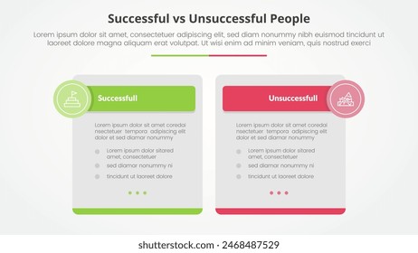 successful vs unsuccessful comparison opposite infographic concept for slide presentation with big box table and circle badge header with flat style vector