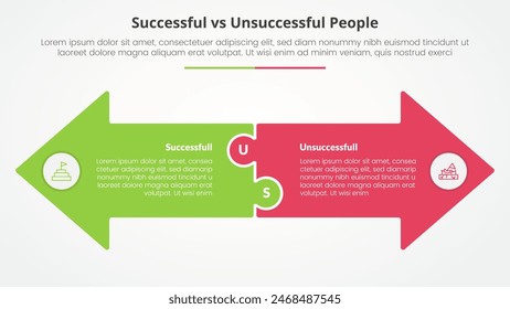 successful vs unsuccessful comparison opposite infographic concept for slide presentation with big arrow shape side by side opposite direction with flat style vector