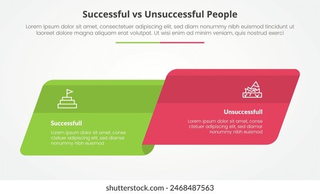 successful vs unsuccessful comparison opposite infographic concept for slide presentation with skew round rectangle box side by side with flat style vector