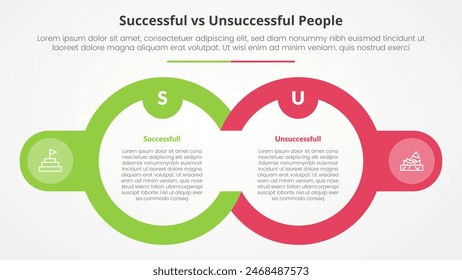 successful vs unsuccessful comparison opposite infographic concept for slide presentation with big outline circle and badge on side with flat style vector