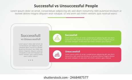 successful vs unsuccessful comparison opposite infographic concept for slide presentation with big box and long rectangle shape with flat style vector