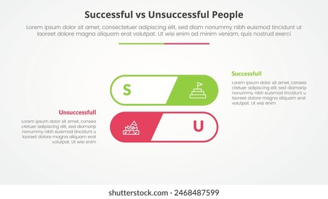 successful vs unsuccessful comparison opposite infographic concept for slide presentation with round outline stack shape with flat style vector