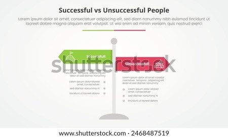 successful vs unsuccessful comparison opposite infographic concept for slide presentation with road signs pillar with flat style vector