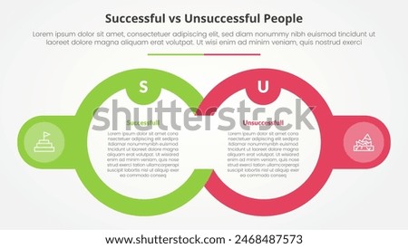 successful vs unsuccessful comparison opposite infographic concept for slide presentation with big outline circle and badge on side with flat style vector