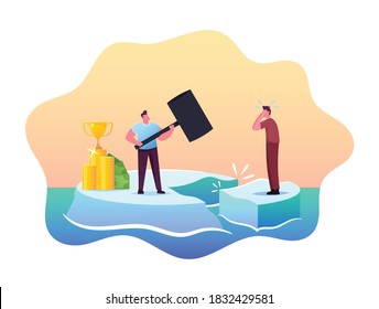 Successful And Wealthy Male Character Hitting Ice Floe With Hammer To Drive Out Poor Man In Rough Clothes, Unequal Income, Class Discrimination, Inequity Concept. Cartoon People Vector Illustration