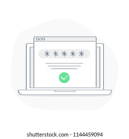 Página de login do navegador web bem-sucedida na tela do laptop com formulário de senha. Segurança, acesso pessoal, autorização de usuário, aprovação de página web formulário de login com marca de seleção. Página de login isolada linear simples