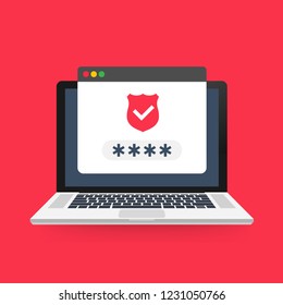 Successful web browser Login page on Laptop Screen with password form. Vector stock illustration.