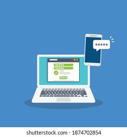 Successful web browser Login page on Laptop Screen with password form and smartphone password confirmation . Security, personal access, user authorization.