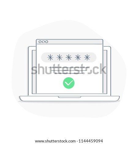 Successful web browser Login page on Laptop Screen with password form. Security, personal access, user authorization, approved web page sign in form with check mark. Flat linear isolated login page