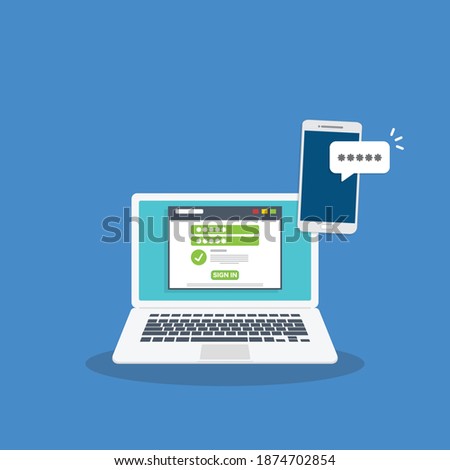 Successful web browser Login page on Laptop Screen with password form and smartphone password confirmation . Security, personal access, user authorization.