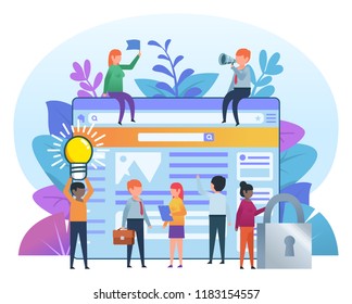 Successful web studio, team. Small people working near big web page. Website creation process. Business poster for presentation, social media, banner, web page. Flat design vector illustration