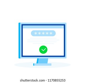 Successful website Login page on computer Screen with password form, security, personal access, user authorization. Modern flat style vector illustration.