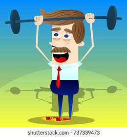 Successful weightlifter business office worker lifting barbell. Vector cartoon character illustration.