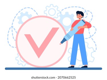 Successful well done work concept. Man holds pencil in his hands and draws big tick. Effective employee completed project on deadline. To do list or tasks. Cartoon modern flat vector illustration