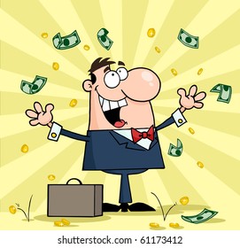 Successful White Businessman Standing Under Falling Money