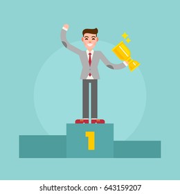 Successful winner businessman standing on the pedestal with a cup in the hand. Happy man in suit. Vector illustration.