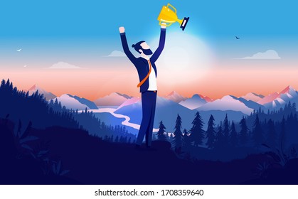 Successful winner with trophy in hand - Modern business man standing in sunlight in nature, raising hands, cheering. Career, success, business goals concept. Vector illustration.