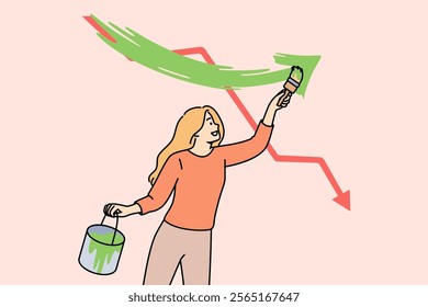 Successful woman achieves growth in business indicators, draws chart up on wall and crosses out down arrow. Successful businesswoman demonstrates progress, working in investment market