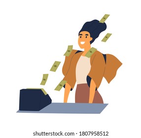 Successful woman with cash flow from calculating machine vector flat illustration. Rich female enjoy business earnings or lottery win isolated. Smiling character surrounded by flying money banknotes. 