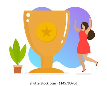 Successful woman celebrating success. Woman wins a prize, achieves a goal, businesswoman has success in her life. Vector