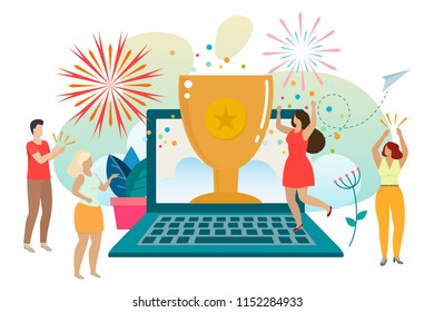 Successful woman celebrating success. Woman wins a prize and accepts congratulations. Award in the online contest Award in the online contest from laptop. Vector