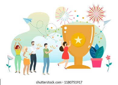 Successful woman celebrating success. Woman wins a prize and accepts congratulations. Vector