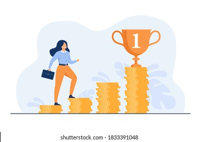 Successful woman climbing stairs from stacks of coins flat vector illustration. Cartoon businesswoman investing money and increasing finance. Financial goal and retirement concept