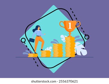 Successful woman climbing stairs from stacks of coins flat vector illustration. Cartoon businesswoman investing money and increasing finance. Financial goal and retirement concept