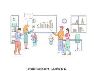 Successful Woman Coacher Character Teaching Employees Standing at Board with Growing Graph in Office Interior with Shelf, Desk and Plants. Business Education. Linear Cartoon Flat Vector Illustration.