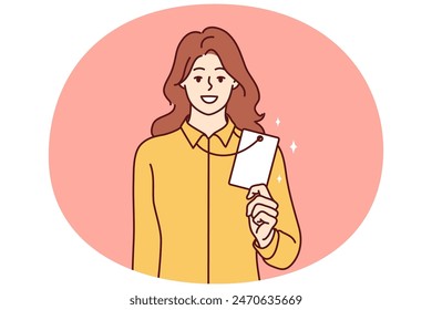 Successful woman demonstrates badge or ID card hanging around neck and giving access to restricted office space. Girl office worker with corporate designed to identify corporation employees